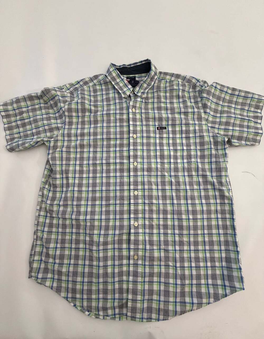 Chaps Gray Green Plaid Shirt XL Short Sleeve Y2K Preppy Easy Care